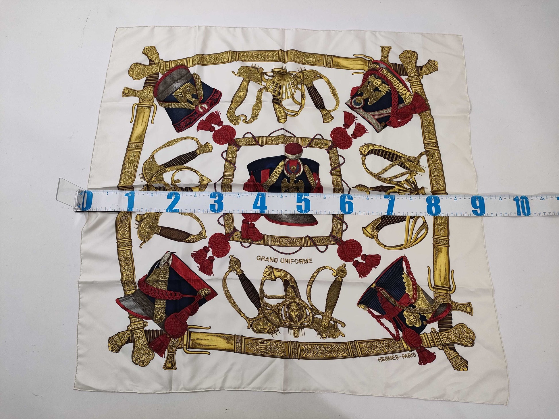 HERMES Carré GRAND UNIFORME Scarf, Off-White x Red x Gold, Tagless