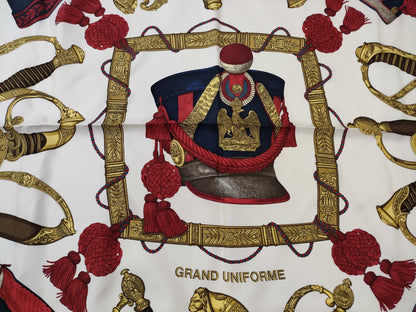 HERMES Carré GRAND UNIFORME Scarf, Off-White x Red x Gold, Tagless