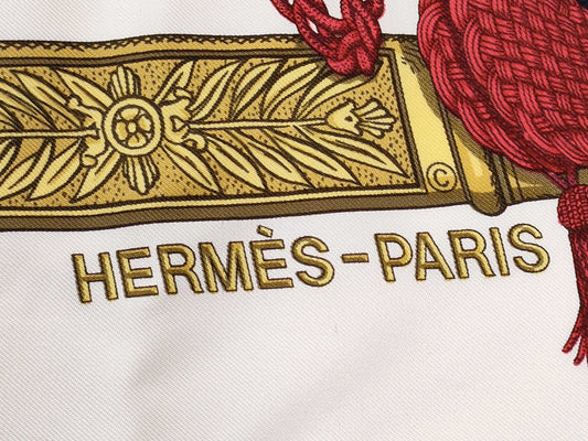 HERMES Carré GRAND UNIFORME Scarf, Off-White x Red x Gold, Tagless