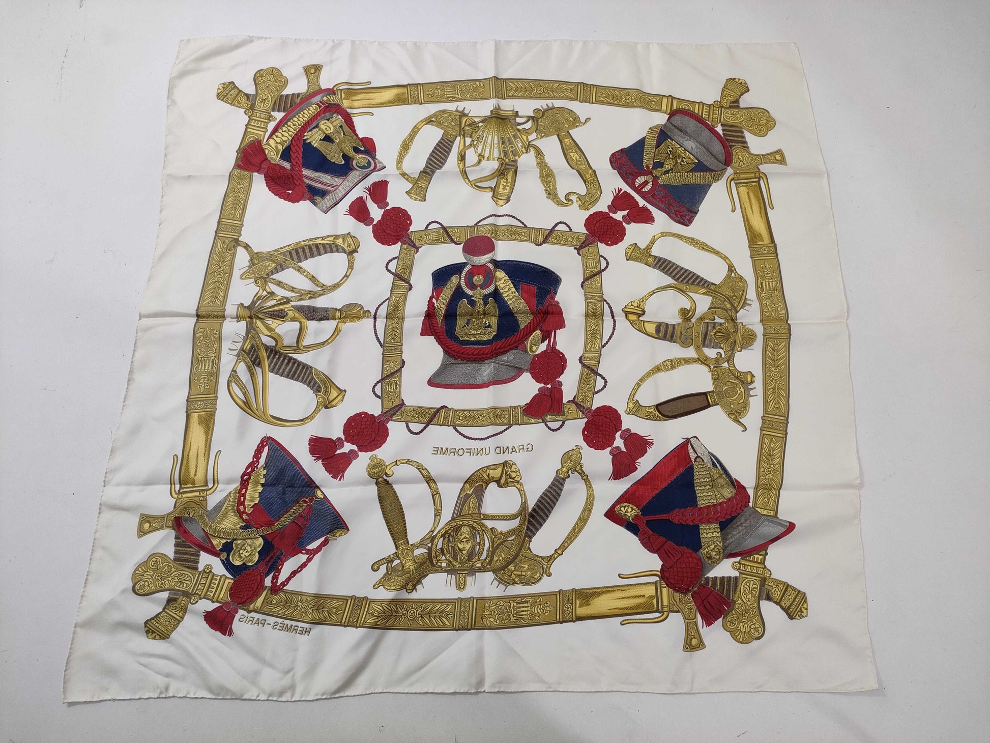 HERMES Carré GRAND UNIFORME Scarf, Off-White x Red x Gold, Tagless