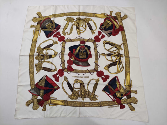 HERMES Carré GRAND UNIFORME Scarf, Off-White x Red x Gold, Tagless