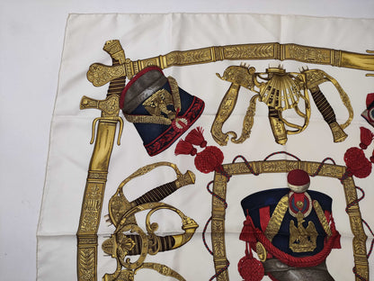 HERMES Carré GRAND UNIFORME Scarf, Off-White x Red x Gold, Tagless