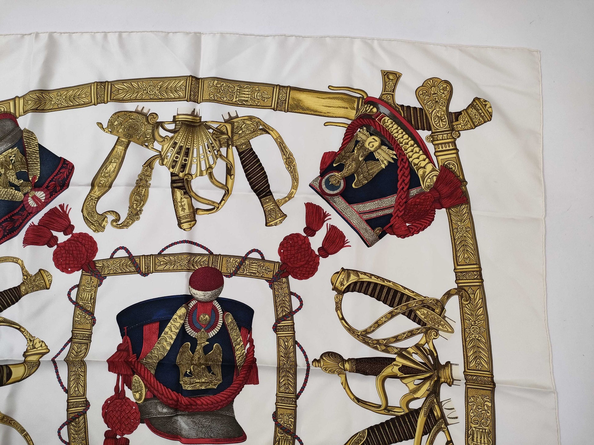 HERMES Carré GRAND UNIFORME Scarf, Off-White x Red x Gold, Tagless