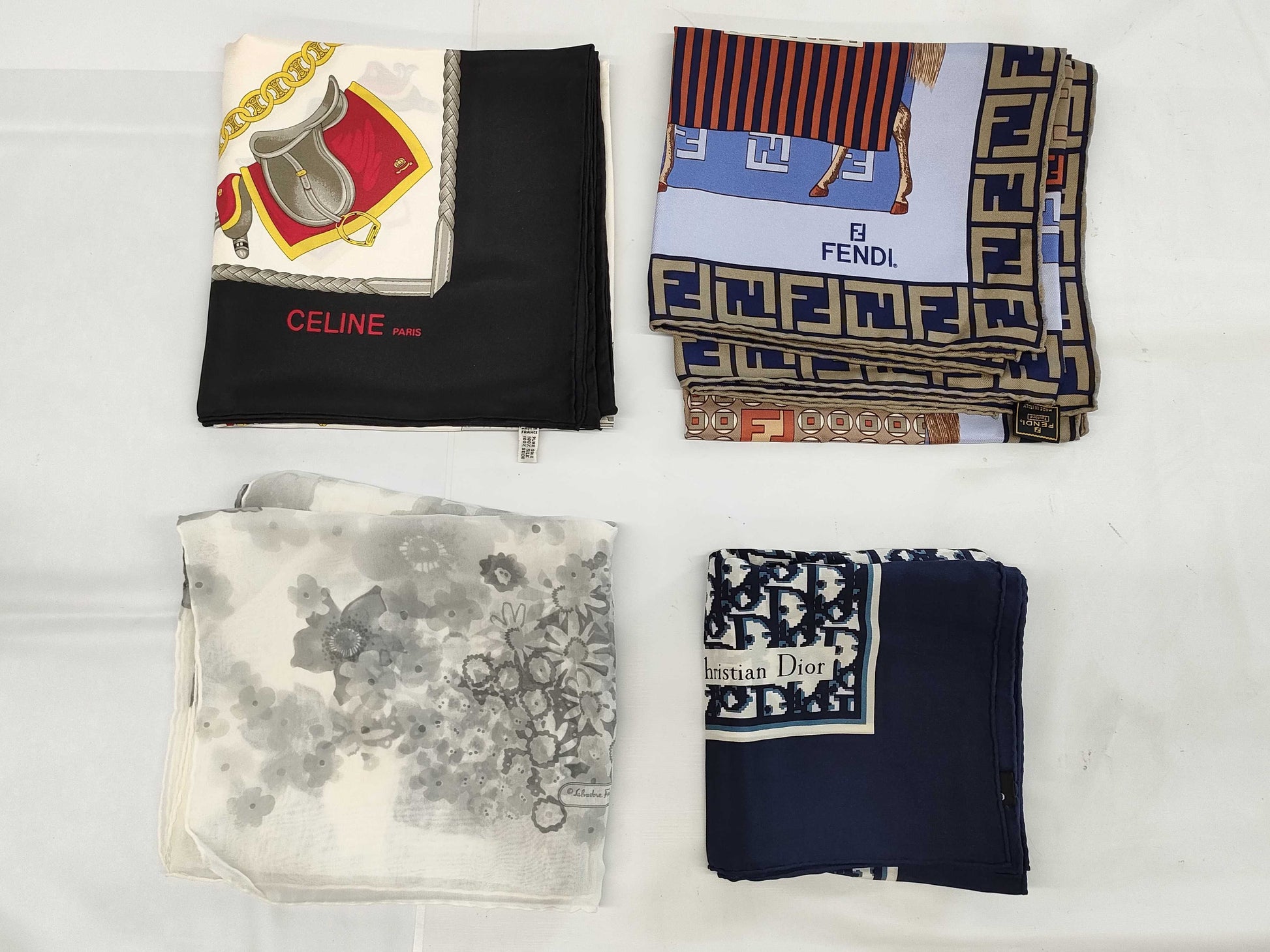 Dior, Fendi, Ferragamo, Celine scarf set of 4