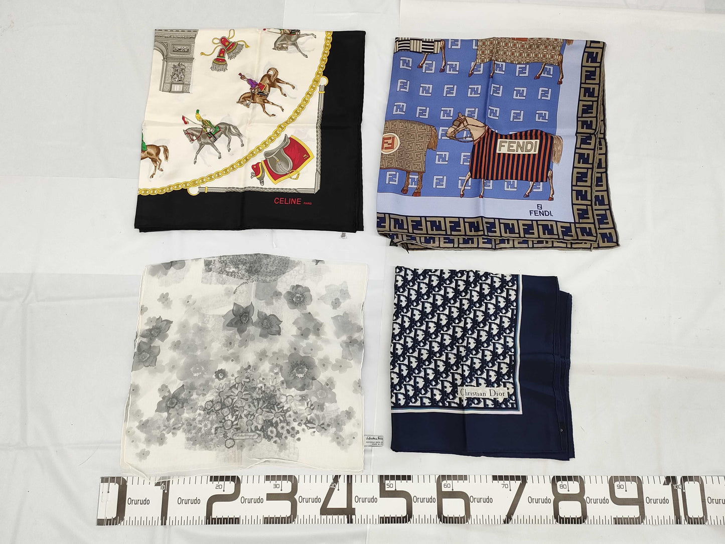 Dior, Fendi, Ferragamo, Celine scarf set of 4