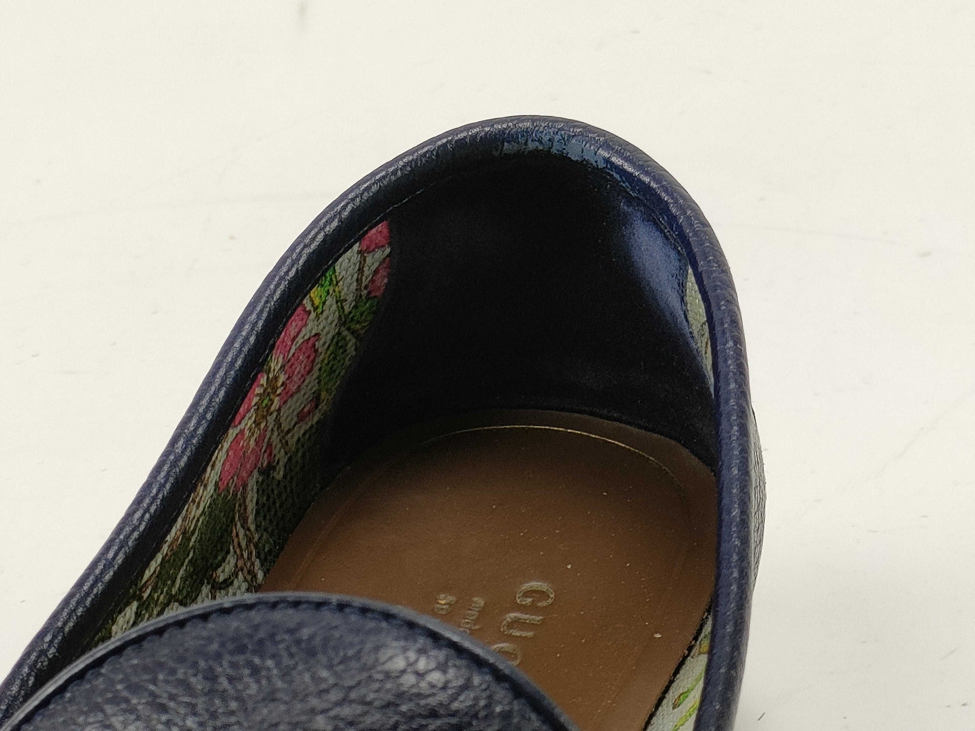 GUCCI Horsebit Loafers, Blue Leather, Floral Interior