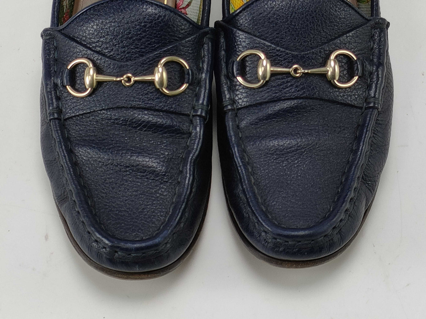 GUCCI Horsebit Loafers, Blue Leather, Floral Interior