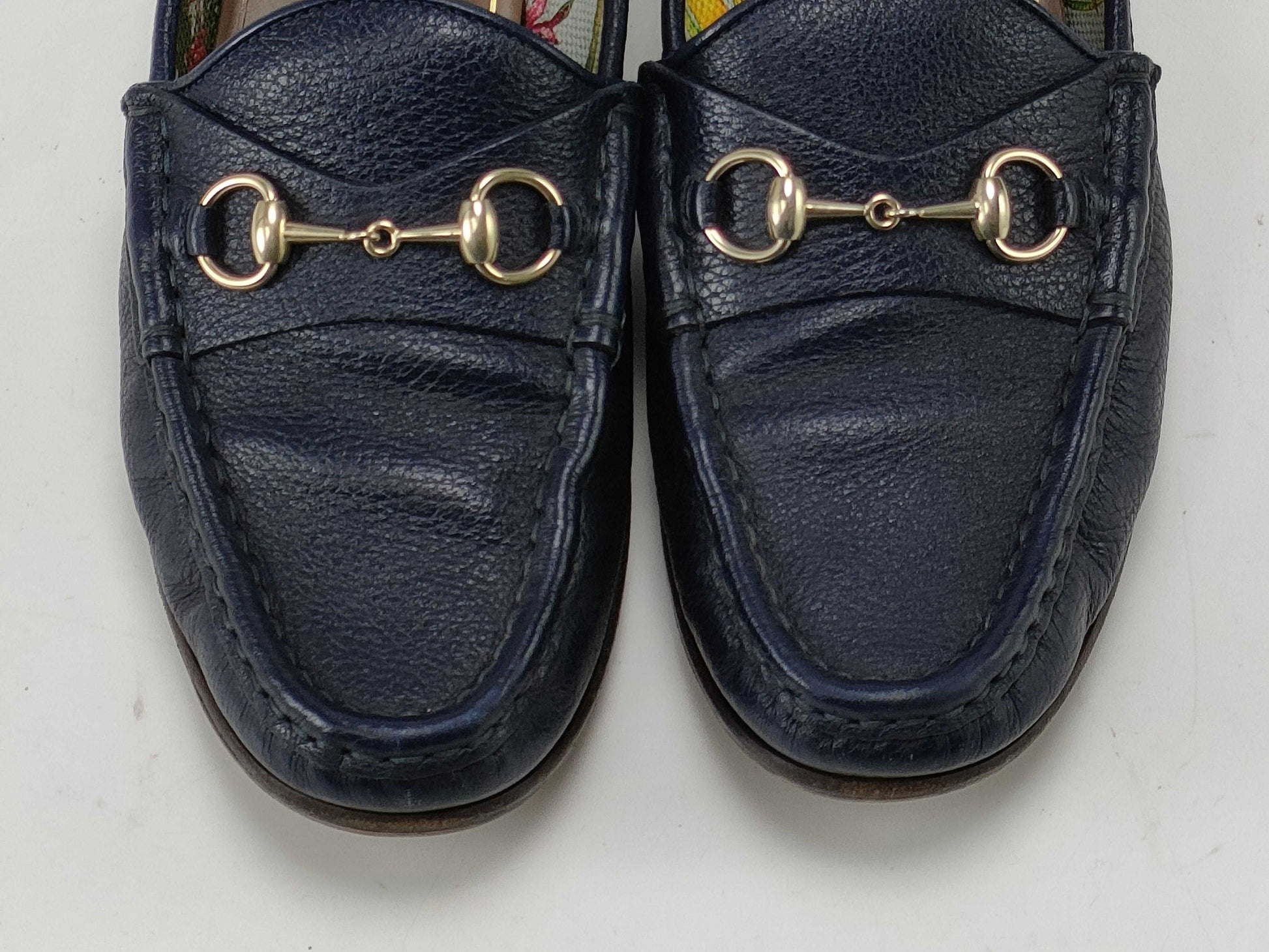 GUCCI Horsebit Loafers, Blue Leather, Floral Interior
