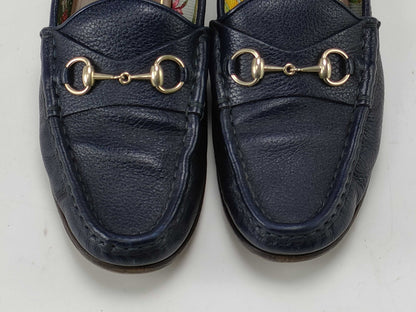 GUCCI Horsebit Loafers, Blue Leather, Floral Interior