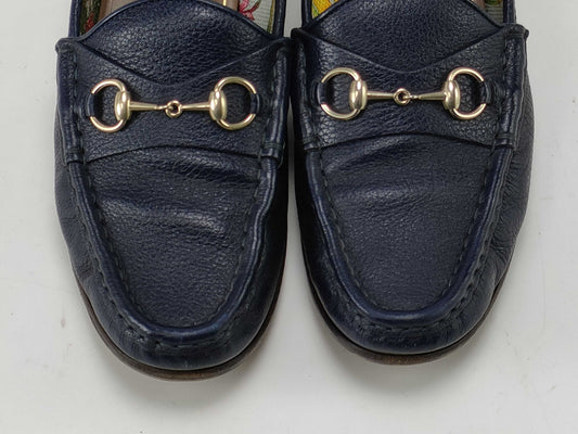 GUCCI Horsebit Loafers, Blue Leather, Floral Interior