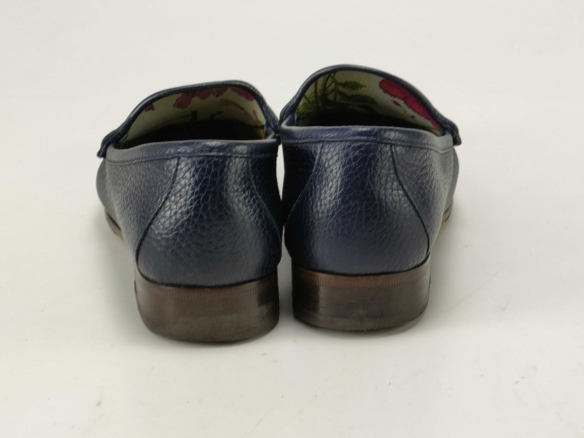 GUCCI Horsebit Loafers, Blue Leather, Floral Interior