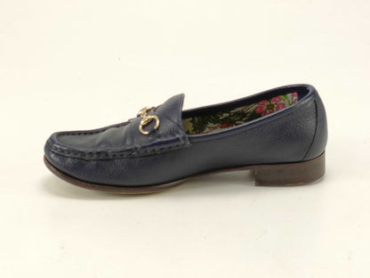 GUCCI Horsebit Loafers, Blue Leather, Floral Interior