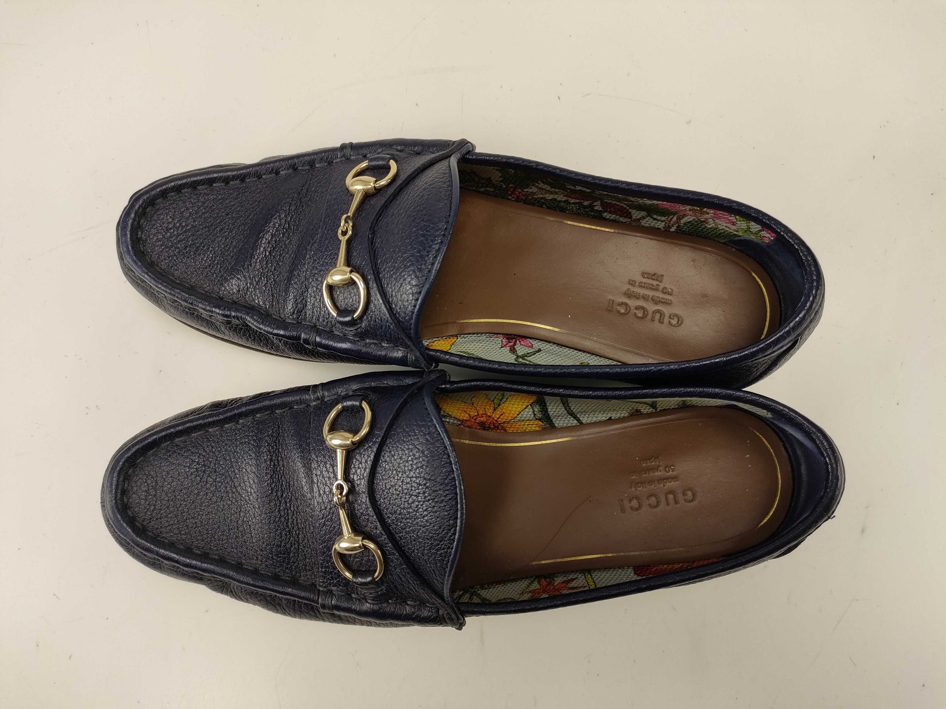 GUCCI Horsebit Loafers, Blue Leather, Floral Interior