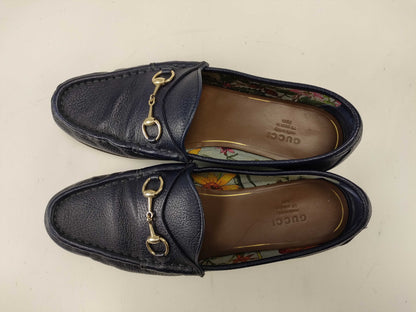 GUCCI Horsebit Loafers, Blue Leather, Floral Interior