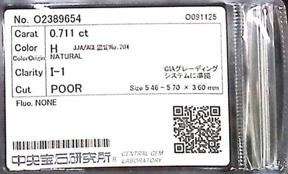 0.711ct H I-1 POOR/GD/PR NONE NATURAL 5.46-5.70X3.60mm Diamond Loose