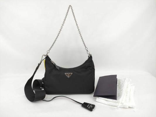 PRADA Nylon Re-Edition 2005 Re-Nylon Chain Shoulder Bag, Black, 1BH204