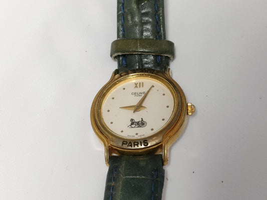 CELINE Horse and Carriage Logo Watch, Vintage Crocodile Embossed, Unmoving, Women's Watch