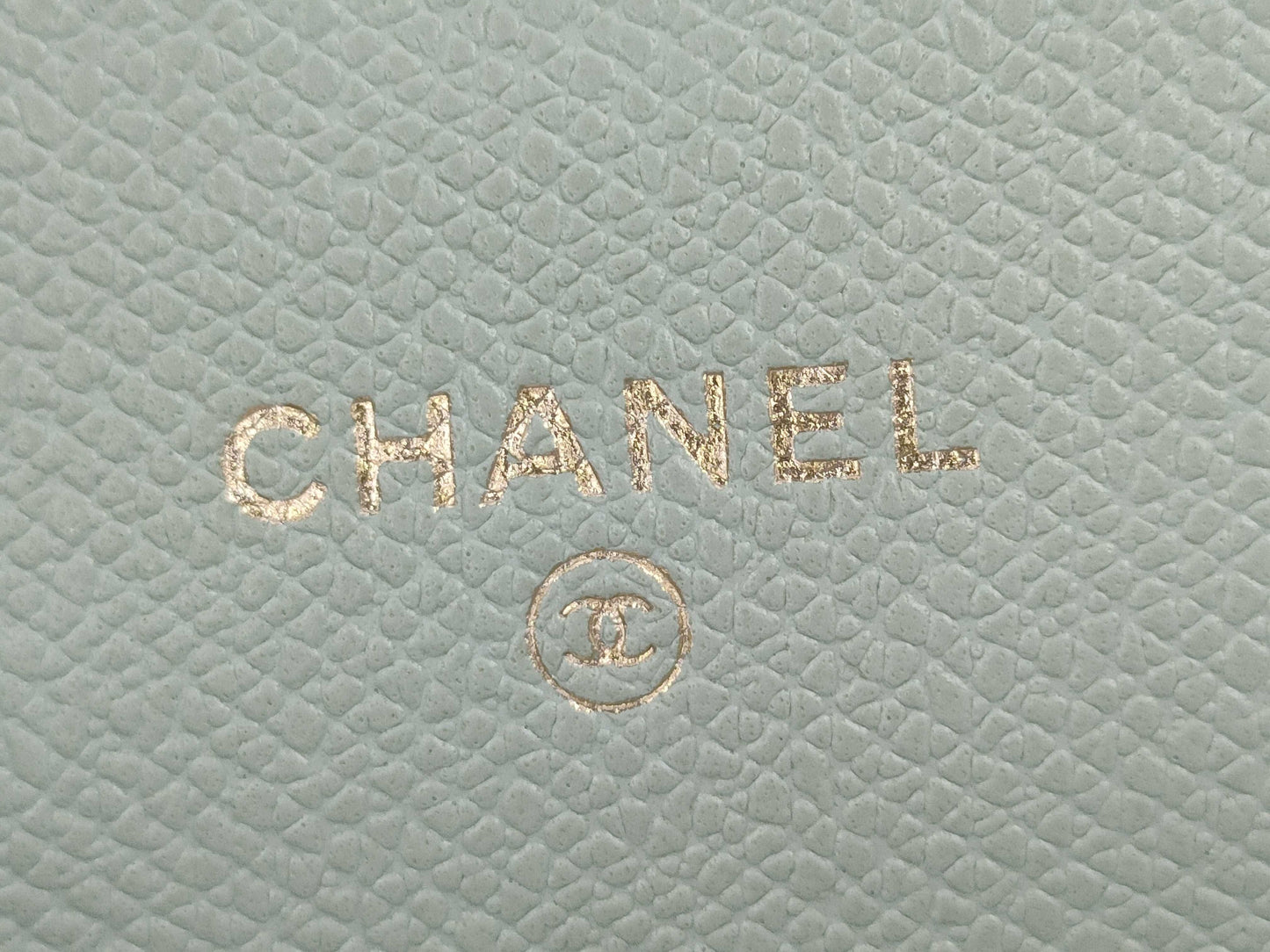 CHANEL Coco Button Tri-fold Wallet with Double Hook, Leather, Mint Blue