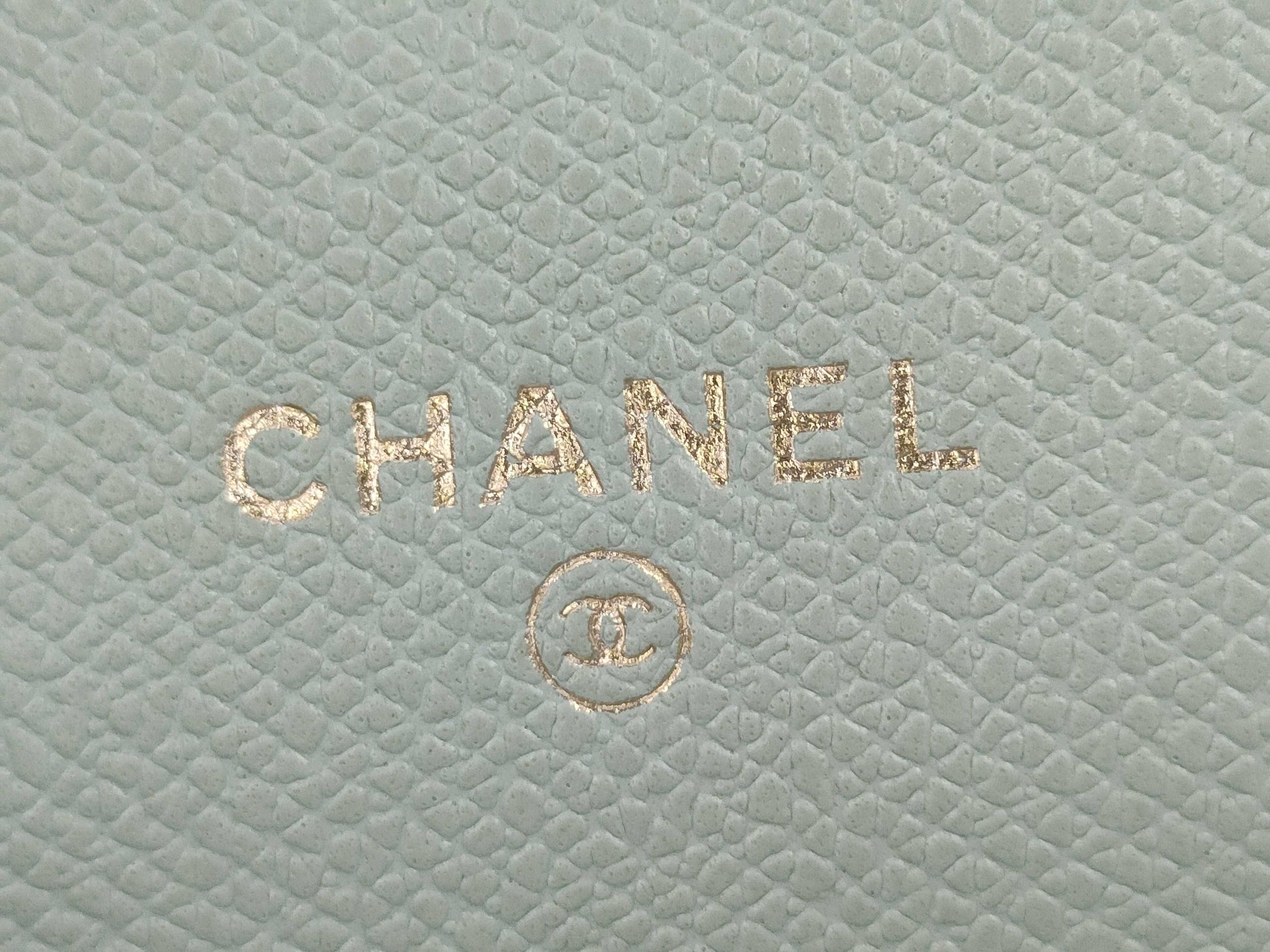 CHANEL Coco Button Tri-fold Wallet with Double Hook, Leather, Mint Blue