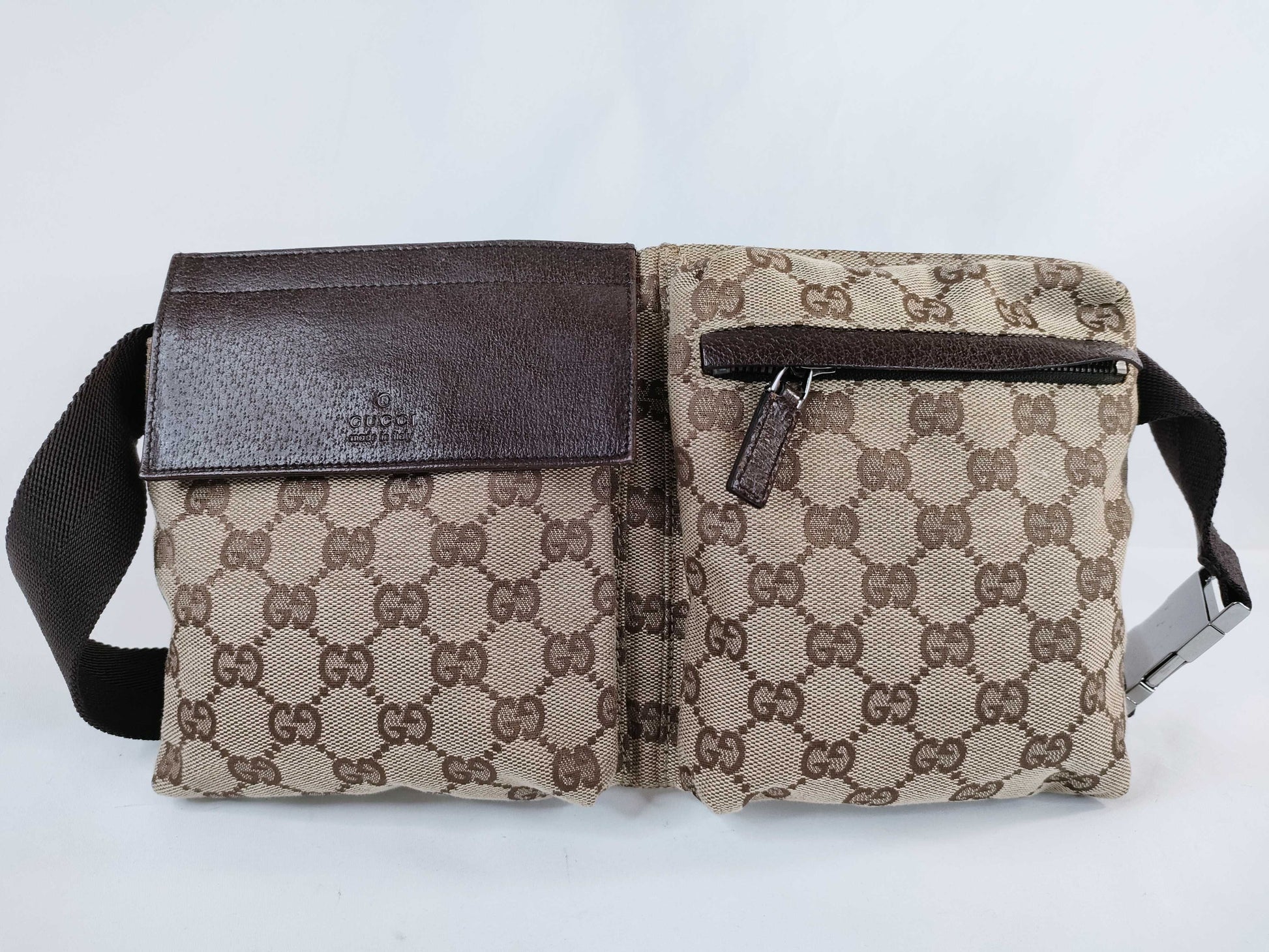 GUCCI GG Canvas Canvas and Leather Waist Pouch Beige 28566 Waist Bag