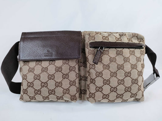 GUCCI GG Canvas Canvas and Leather Waist Pouch Beige 28566 Waist Bag