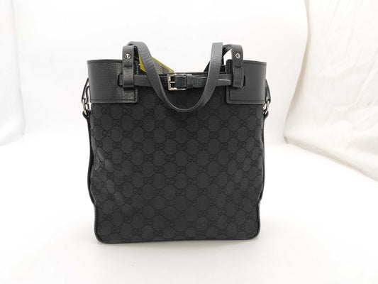 GUCCI GG Canvas Leather Tote Bag, Black, 107757