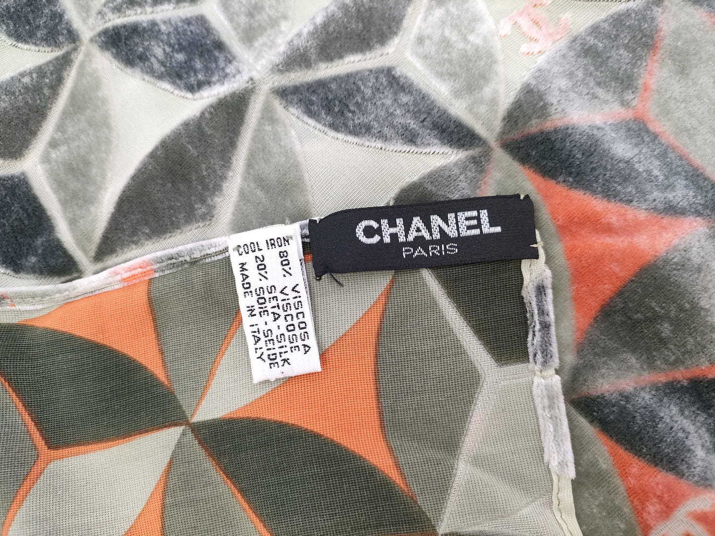 CHANEL Coco Velour Green Scarf Geometric Pattern Silk Scarf