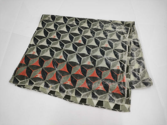 CHANEL Coco Velour Green Scarf Geometric Pattern Silk Scarf