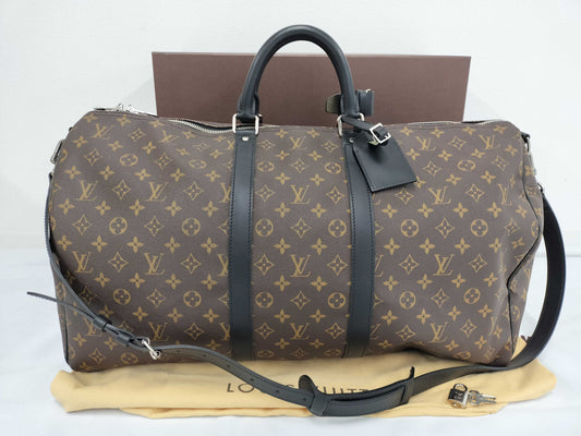 LOUIS VUITTON Monogram Macassar Keepall 55 Bandouliere Black Boston Bag M5671
