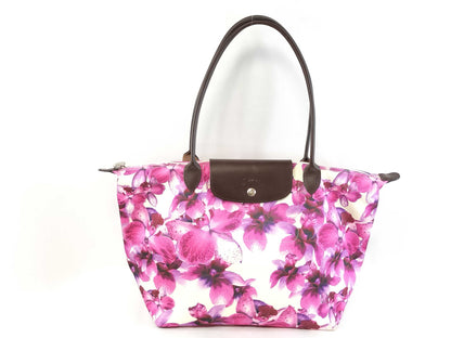 LONG CHAMP Le Pliage Floral Print Nylon and Leather Tote Bag
