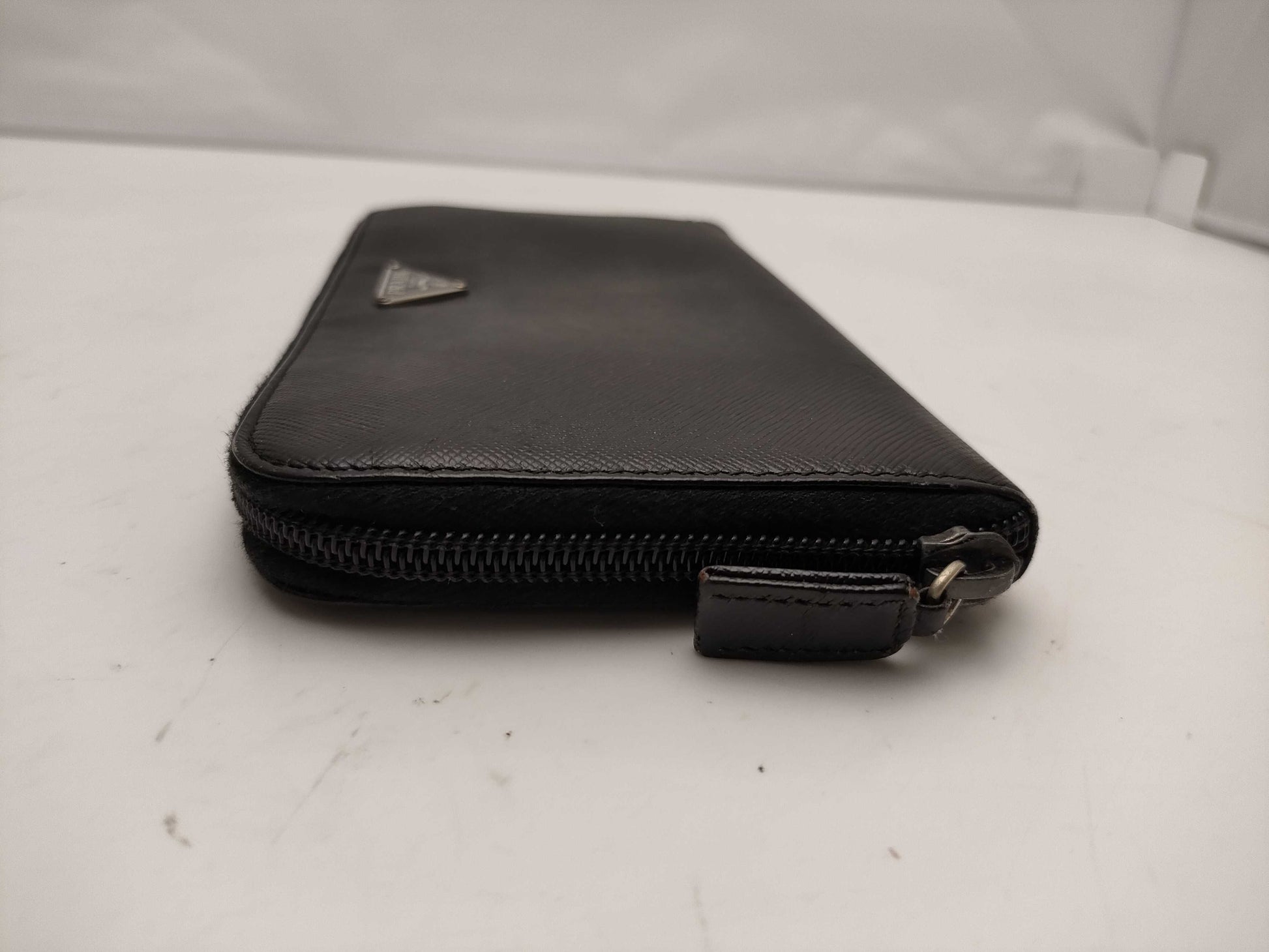 PRADA Saffiano Leather Triangle Plate Round Long Wallet