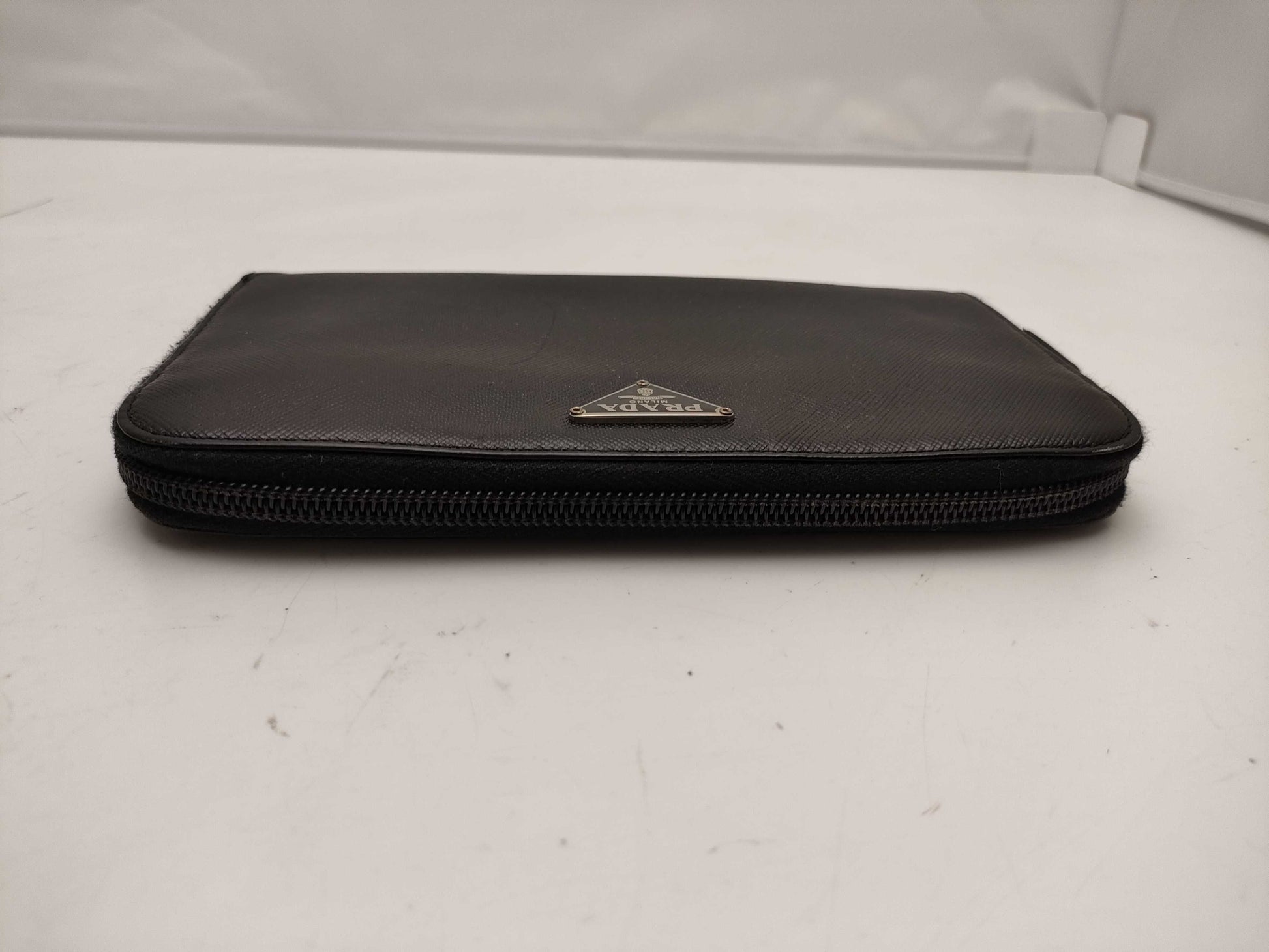 PRADA Saffiano Leather Triangle Plate Round Long Wallet