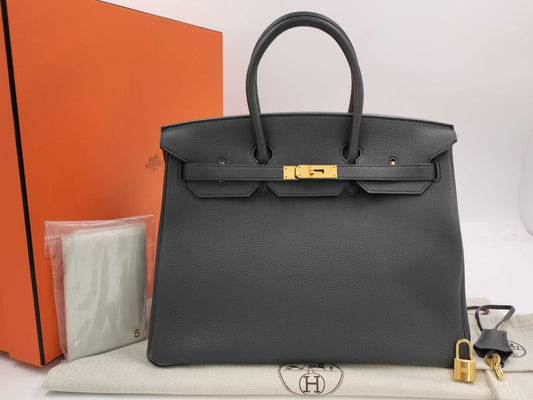 HERMES Birkin 35 handbag with GD hardware, dark gray, unclear year of manufacture stamp