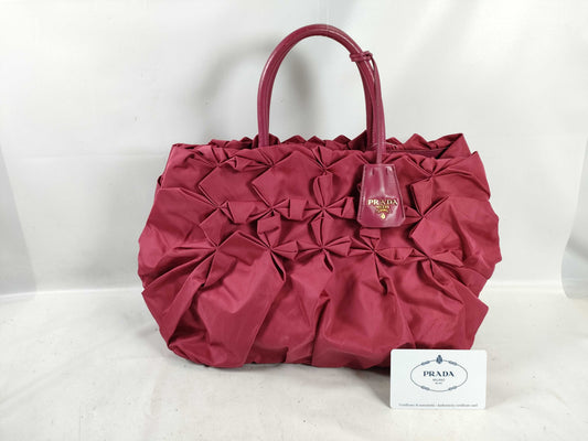 PRADA Nylon Frill Tote Bag/Red Handbag