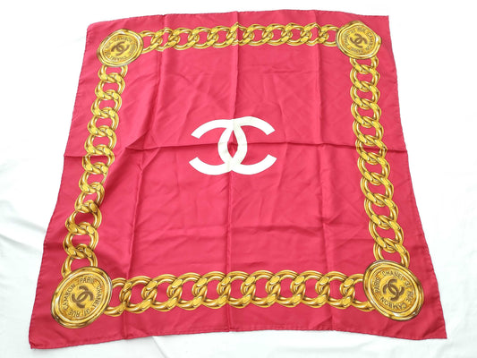 CHANEL Coco Mark Chain Logo Silk Scarf