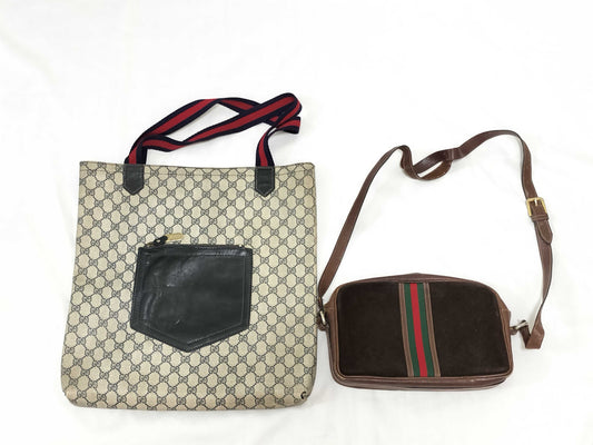 GUCCI GG Canvas Old Gucci Sherry Tote/Old Gucci Sherry Suede Shoulder Bag Set of 2 Tote Bags