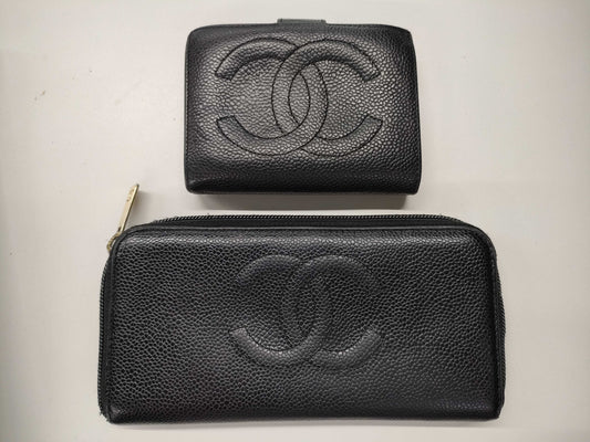 CHANEL Caviar Leather Folding Wallet and Long Wallet Set