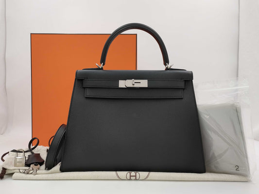 HERMES Kelly 28 Epsom Black Silver Hardware Y Stamp Handbag