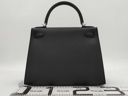 HERMES Kelly 28 Epsom Black Silver Hardware Y Stamp Handbag