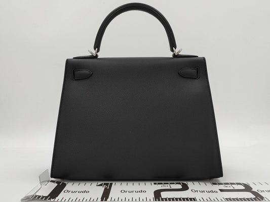 HERMES Kelly 28 Epsom Black Silver Hardware Y Stamp Handbag