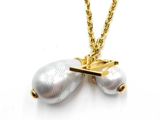 LOUIS VUITTON Damier Pendant Necklace with Damier Pearl