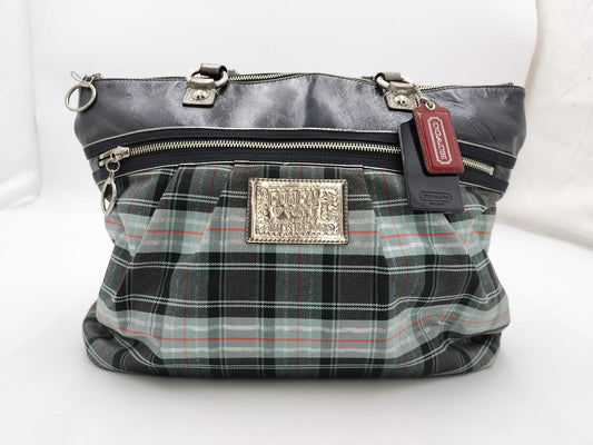 COACH Poppy Canvas Leather Purple Check Tote Bag 15886
