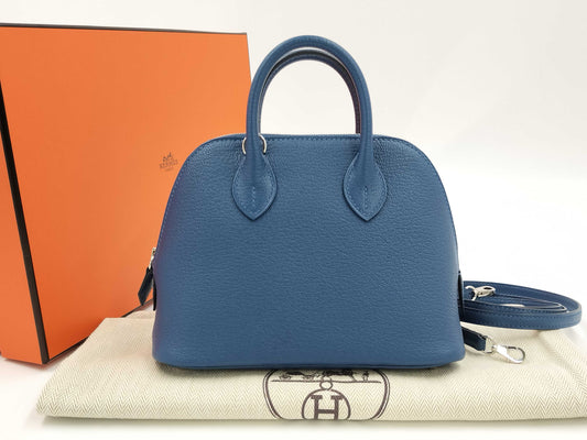 HERMES Bolide Mini Bolide Blue Tie Handbag with Stamped Silver Hardware