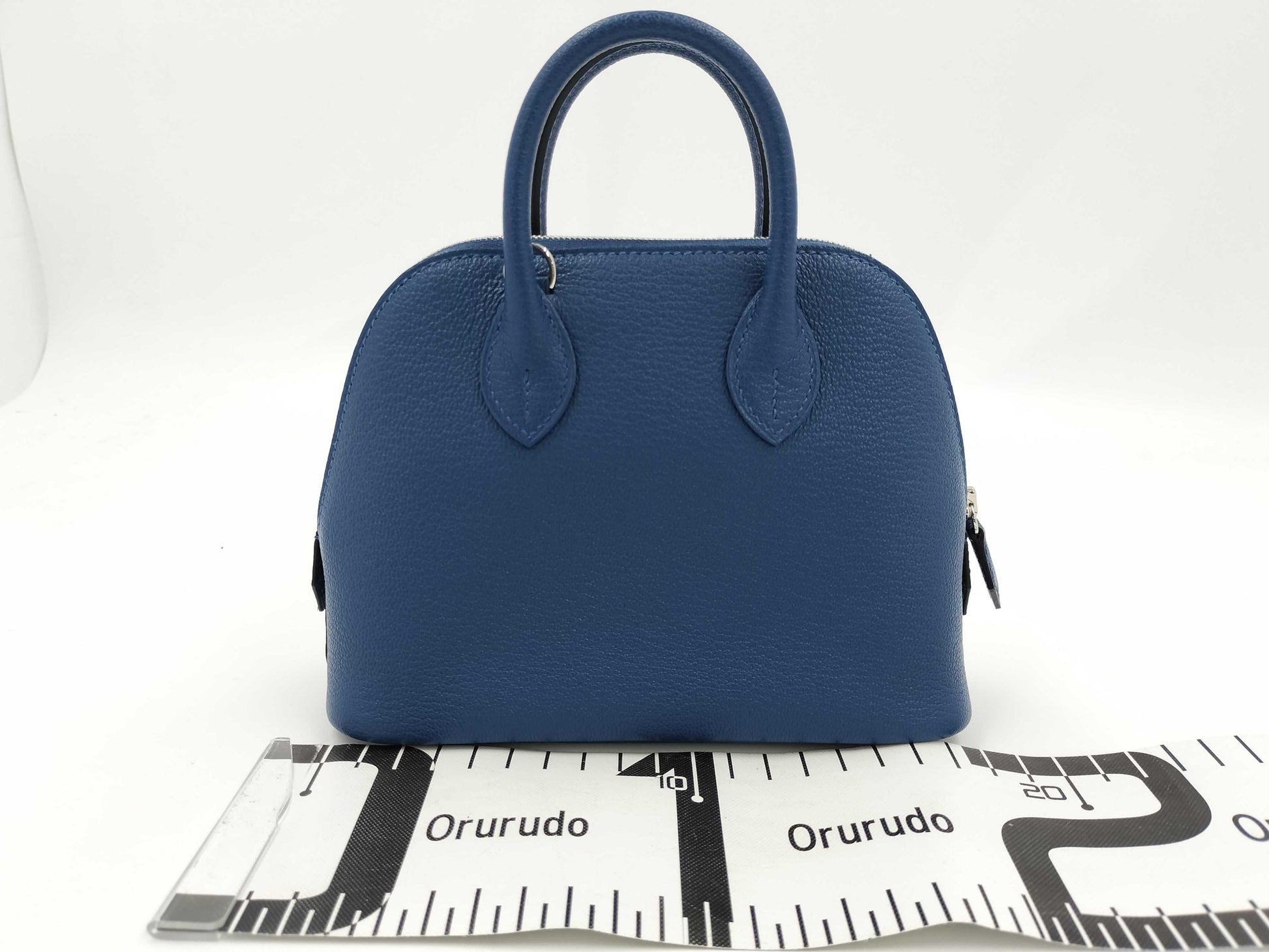 HERMES Bolide Mini Bolide Blue Tie Handbag with Stamped Silver Hardware