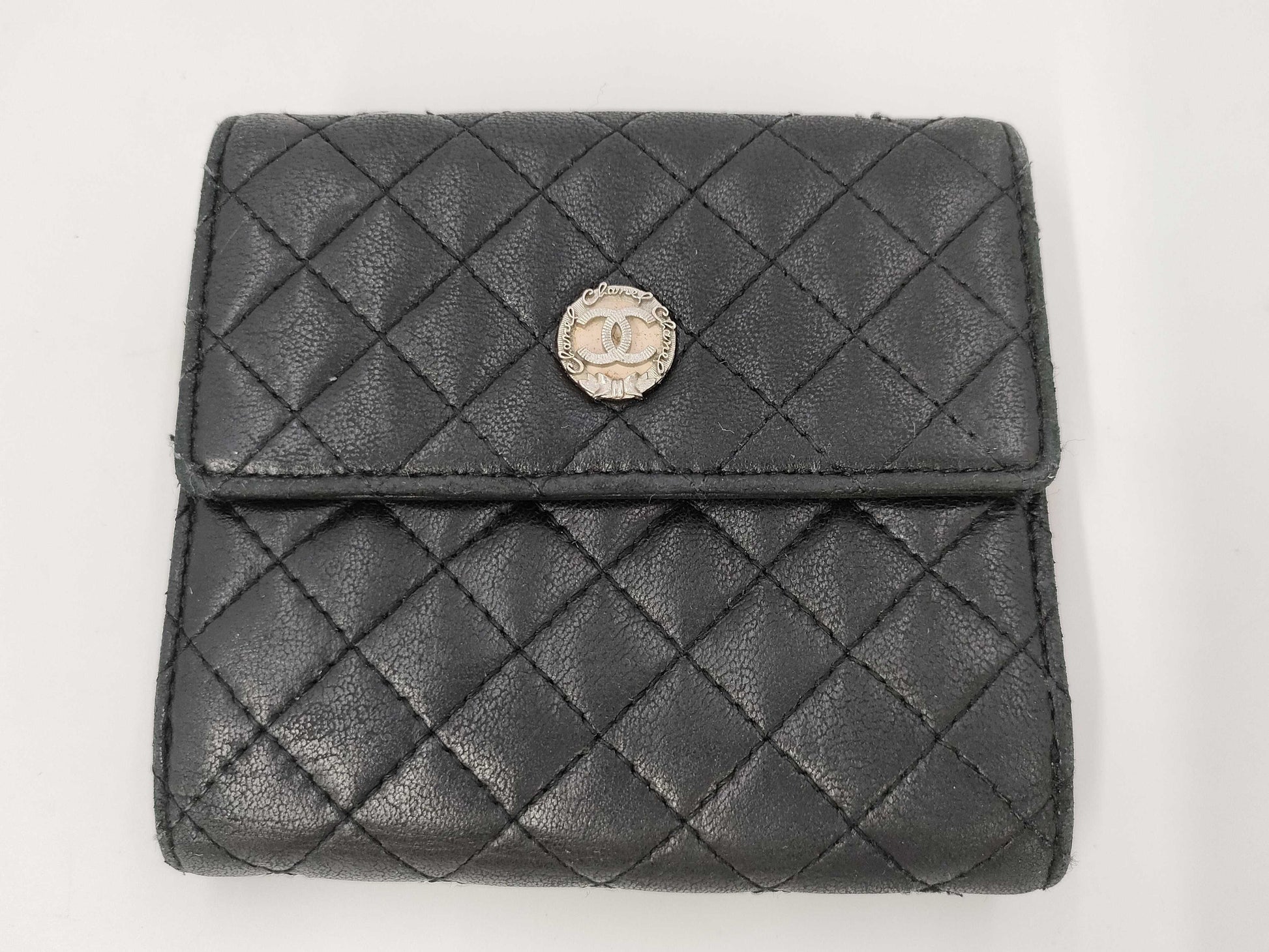 CHANEL Lamb Black Pink Folding Wallet