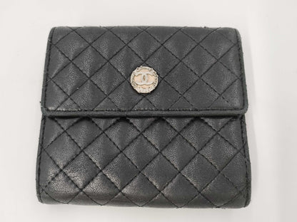 CHANEL Lamb Black Pink Folding Wallet
