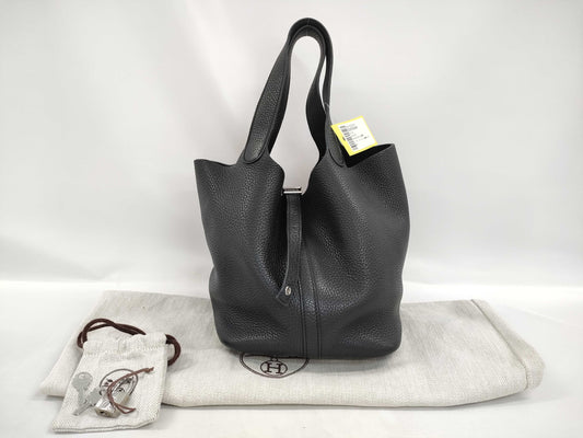 HERMES Picotin Taurillon Noir Handbag with Silver Hardware and O Stamp