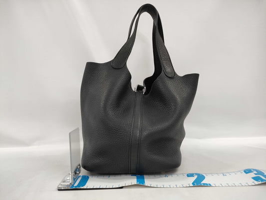 HERMES Picotin Taurillon Noir Handbag with Silver Hardware and O Stamp