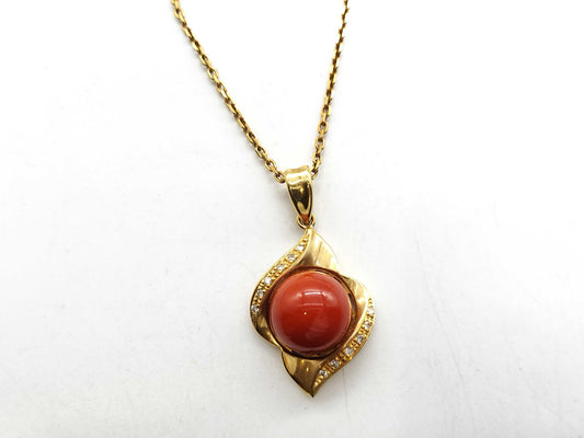 Coral necklace, diameter approximately 11.6mm, D 0.12ct, K18, 12.3g 