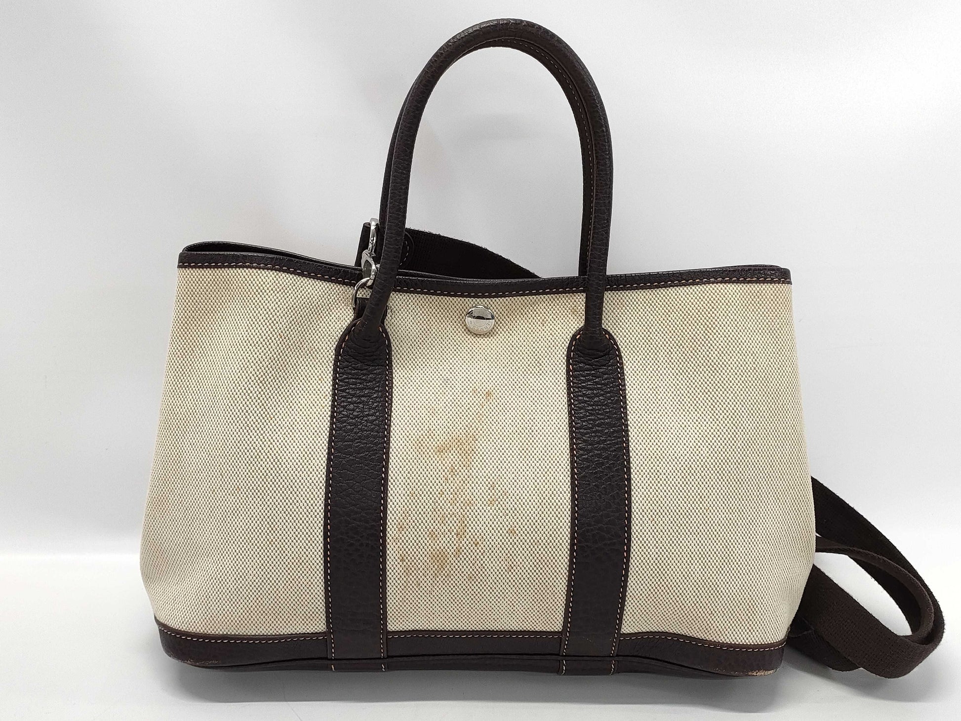 HERMES □I engraved Garden Party TPM Toile H handbag with shoulder strap